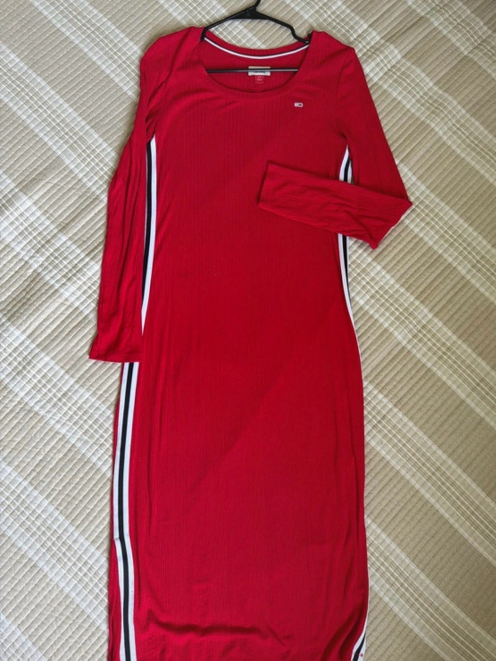 Tommy Hilfiger Red Long-Sleeve Midi Dress with Black & White Side Stripes